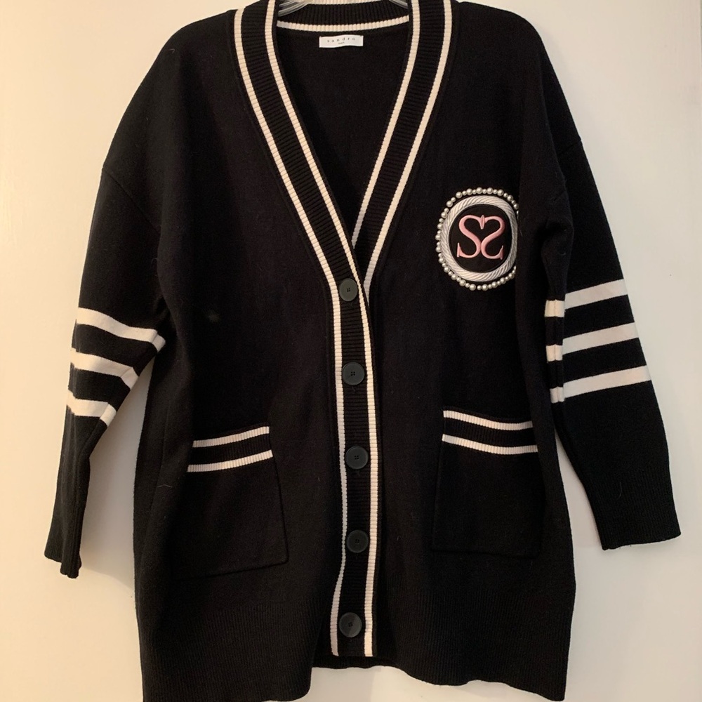 Sandro Black Cardigan with Cream Accents